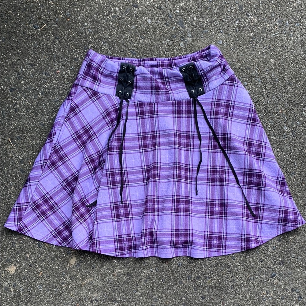 Purple and Black Skater Mini Skirt with Tie Front